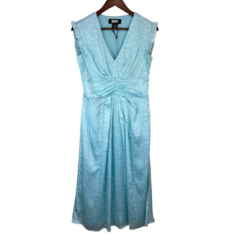 DKNY Womens Dress 4 Blue‎ Ruched Lined Ruffle V-Neck Midi Party Sheath Dress